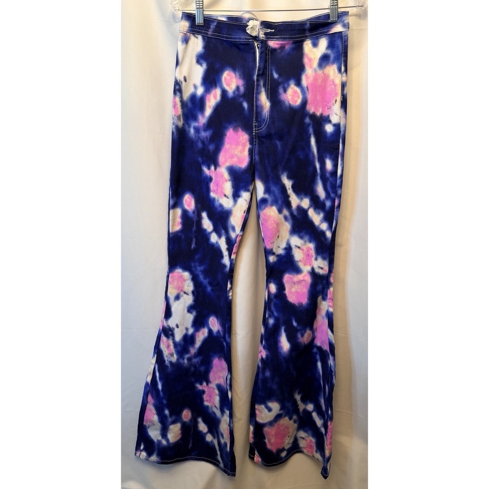 NWOT JC & JQ Women's Size XL Blue‎ Pink Tie Dye Bell Bottom Jeans Stretch Retro